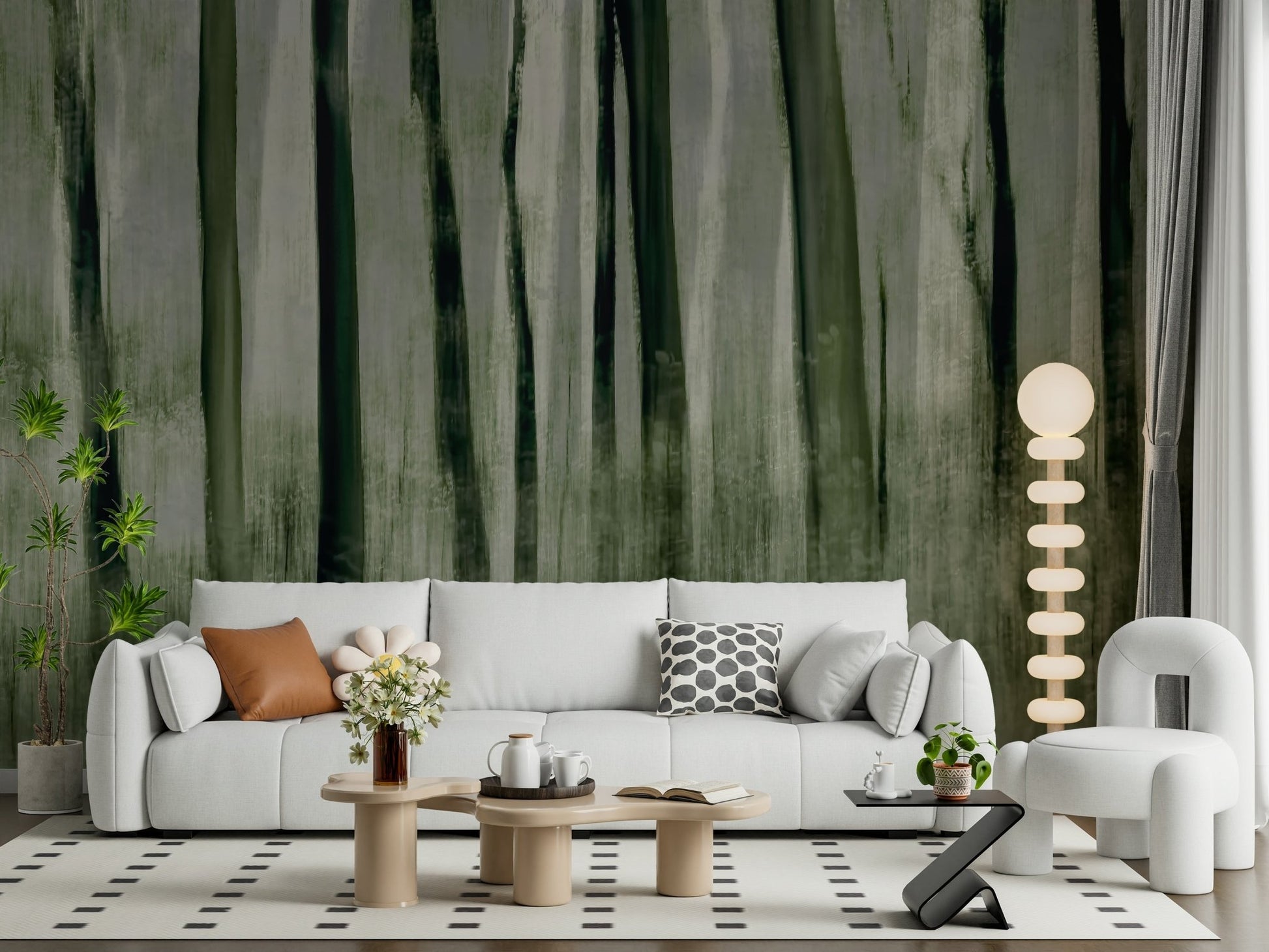 A peaceful woodland vista mural on decorative wallpaper., GD5587