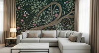 Tall sunlit trees in a Forest's Embrace wall mural for studies.