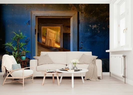 A beautiful abandoned room wallpaper mural with subtle, atmospheric lighting.