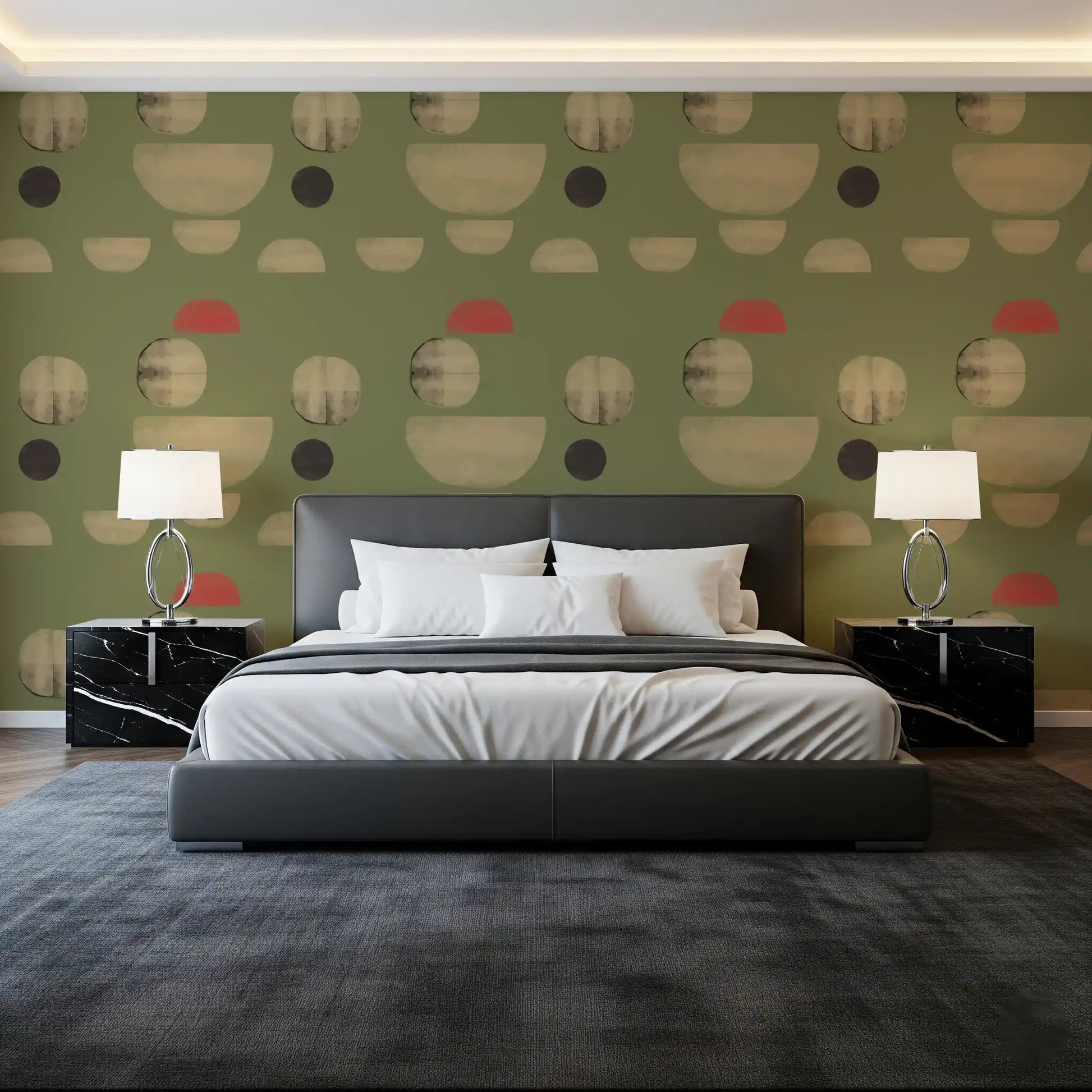 Bedroom wall featuring Formas Abstractas de Tierra wallpaper soft tones