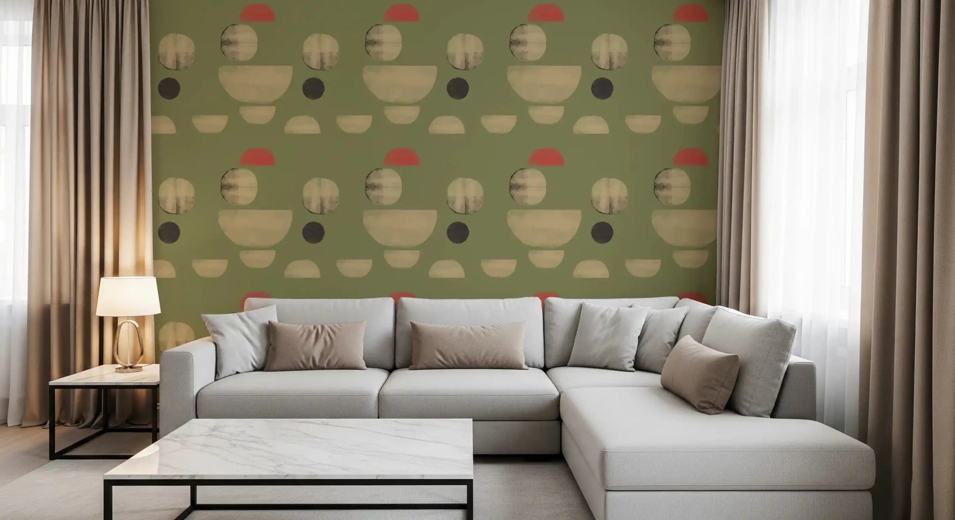 Formas Abstractas de Tierra wallpaper with muted green and beige shapes