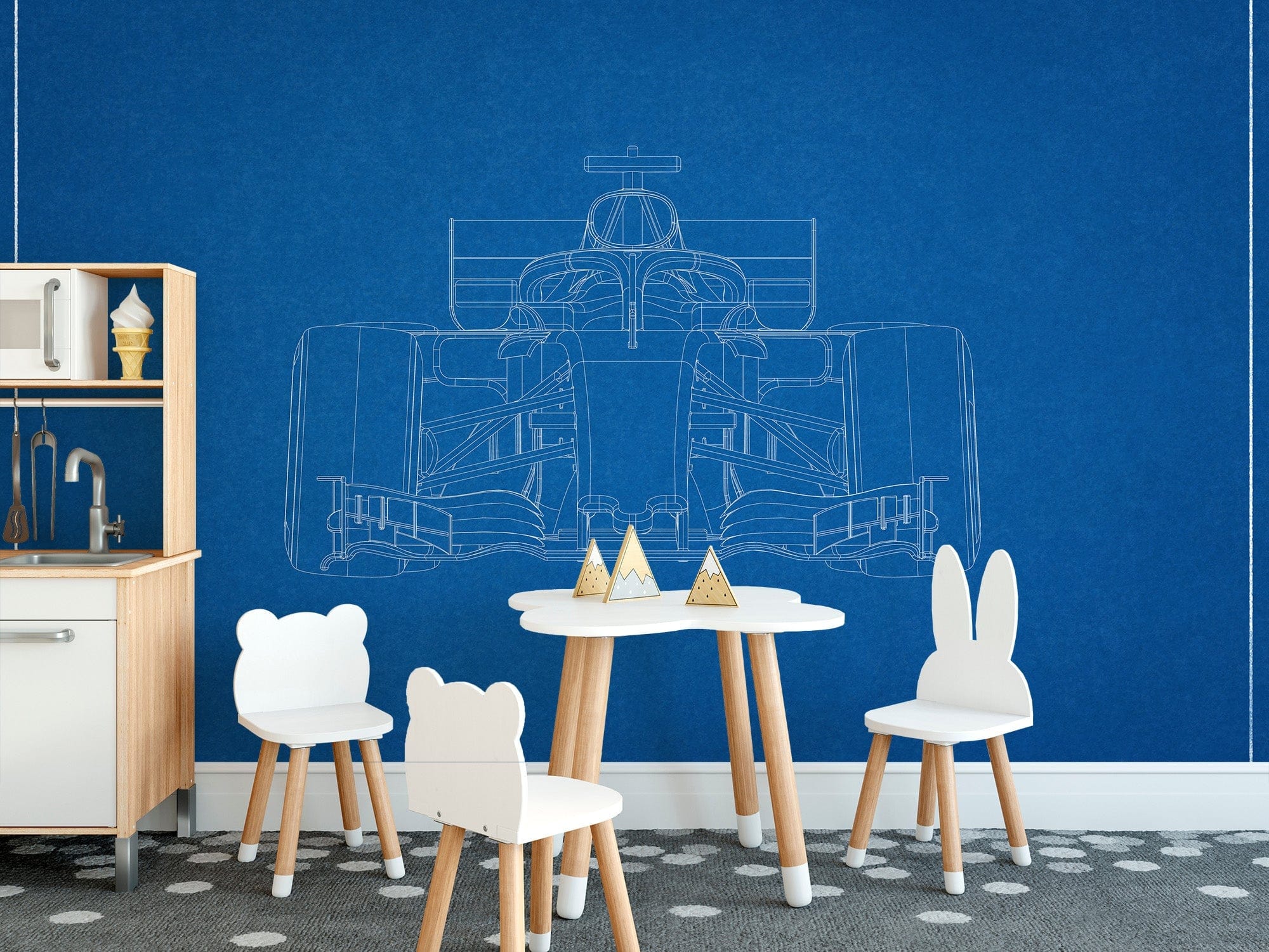 Racing car blueprint-style nursery wallpaper for walls, B389