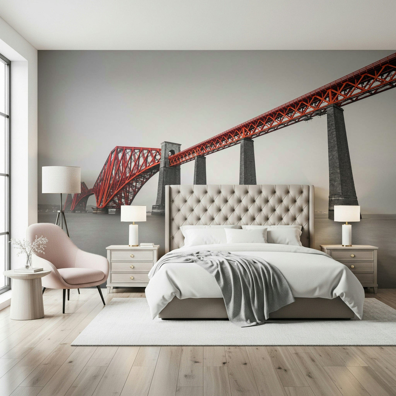 Red steel bridge structure wall mural for a modern office wallpaper.