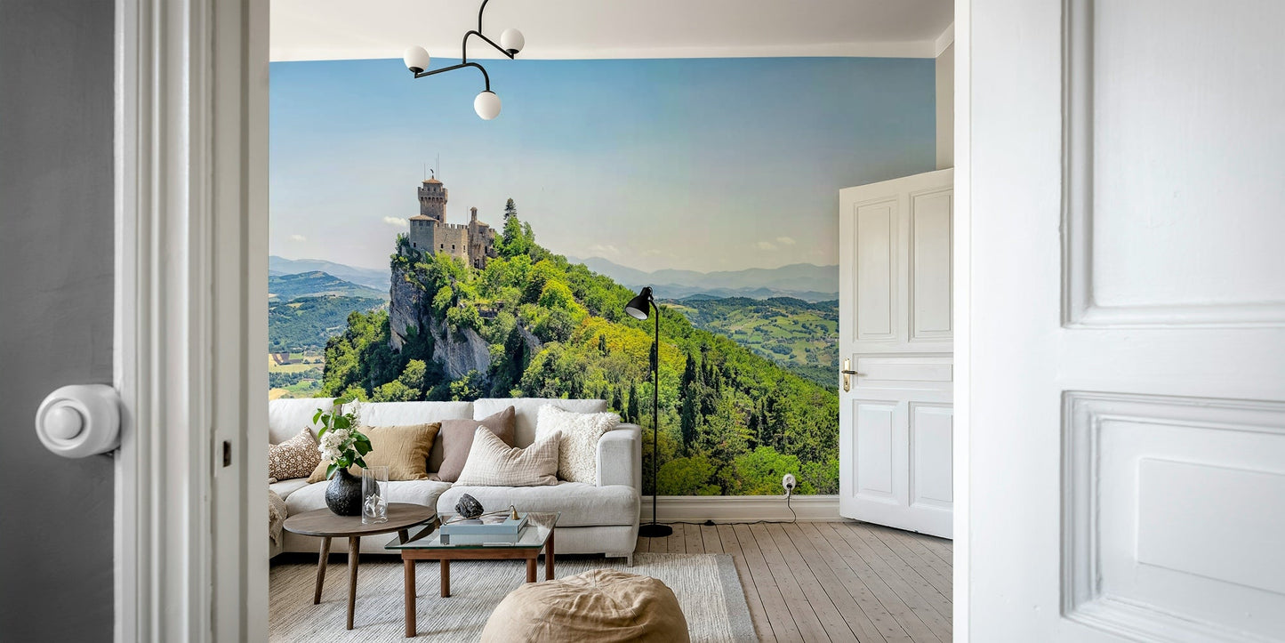 High angle vista overlooking rolling hills and a castle GD5061