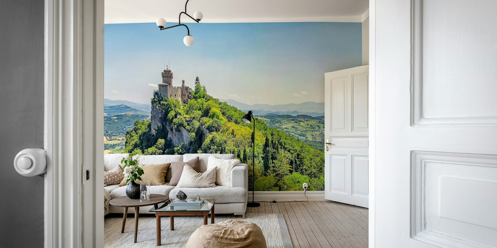 High angle vista overlooking rolling hills and a castle GD5061