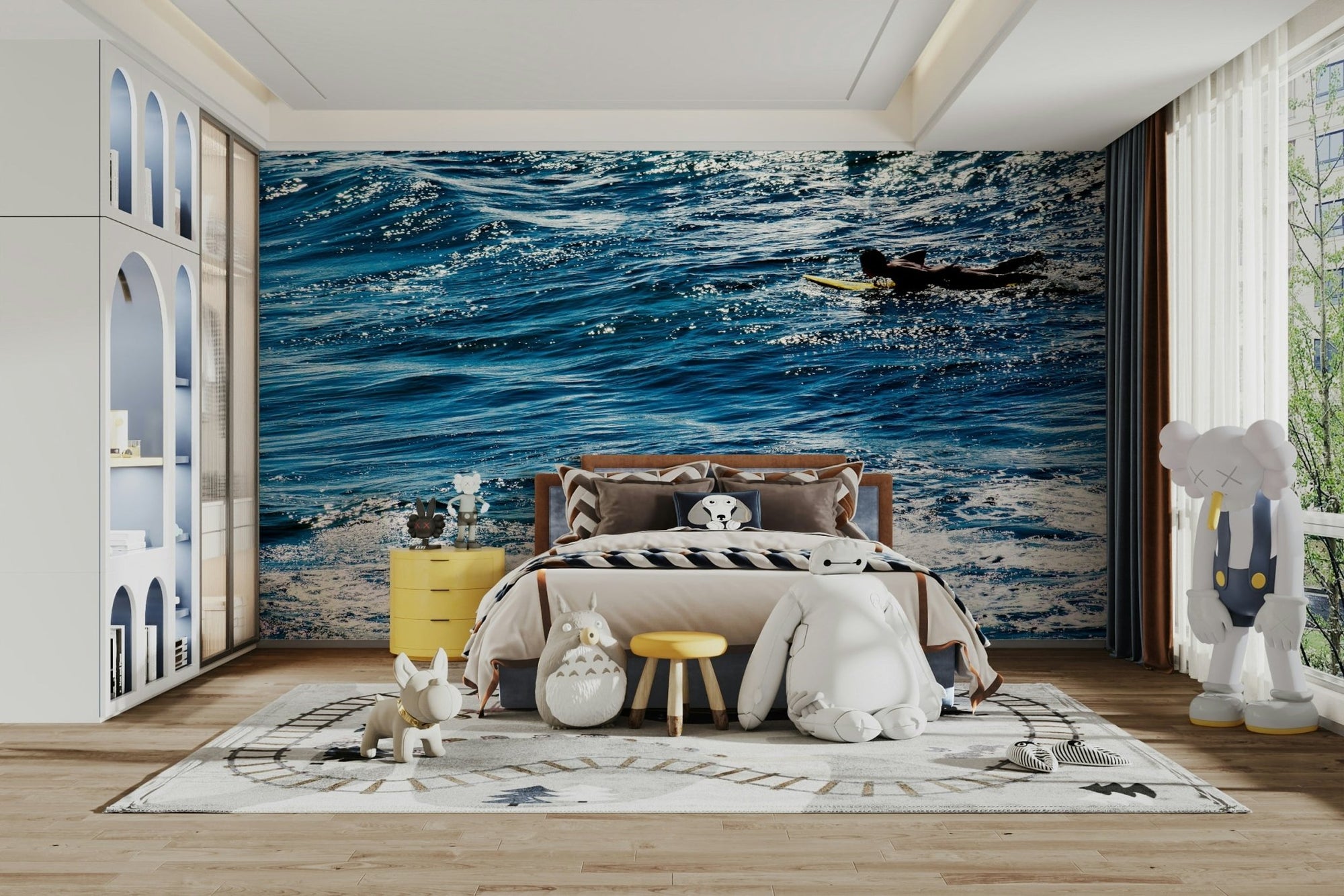 Forward wall mural showing a surfer paddling out across sparkling blue sea GD4914
