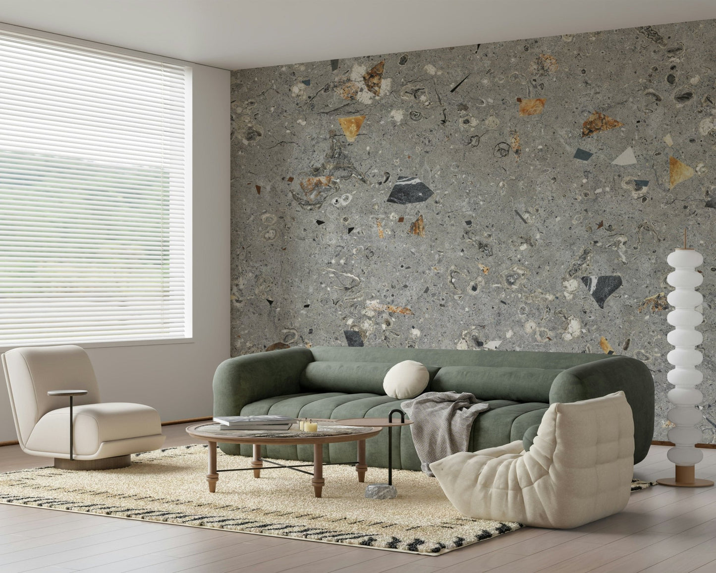 Cool-toned Fossil Stone Grey wallpaper, scattered fragments add character to modern spaces.