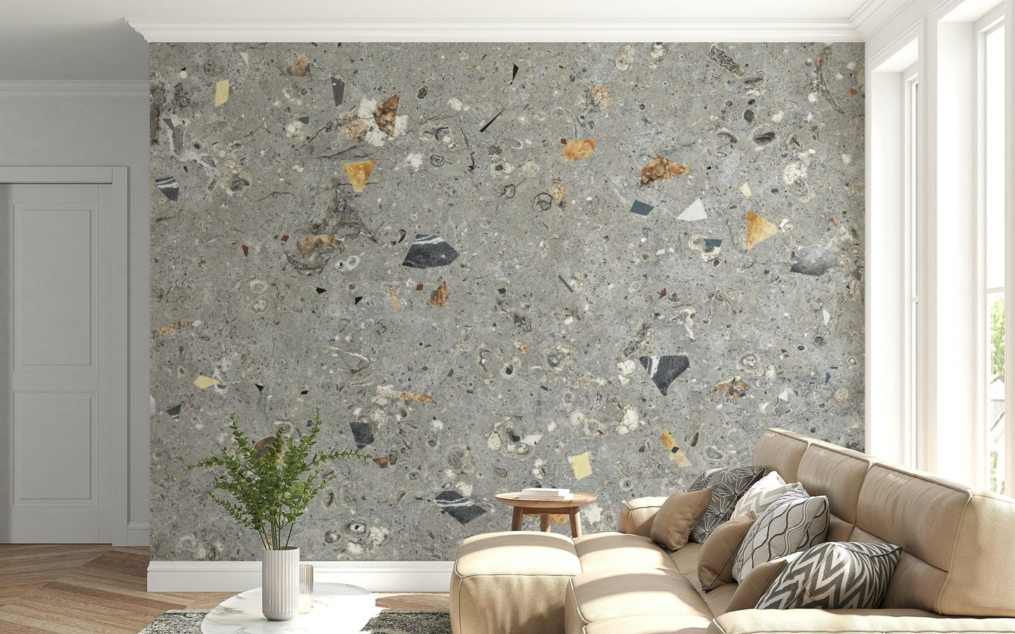 Authentic Terrazzo Texture mural, rustic feel, ancient marine elements against ash.