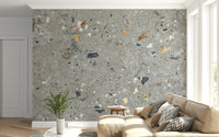 Authentic Terrazzo Texture mural, rustic feel, ancient marine elements against ash.