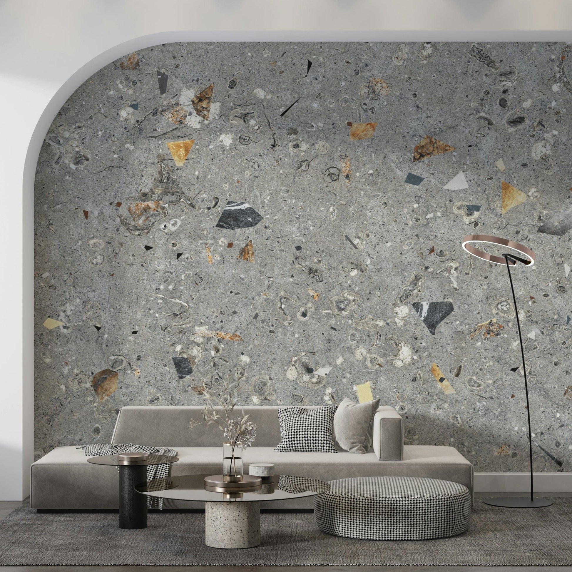 Elegant Fossil Stone Grey wallpaper, gritty concrete appearance, flecks of brown, cream.