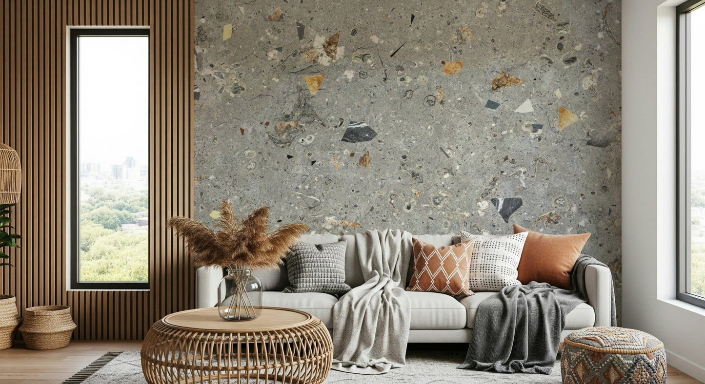 Textured Terrazzo Texture mural, perceived depth from diverse materials in grey.