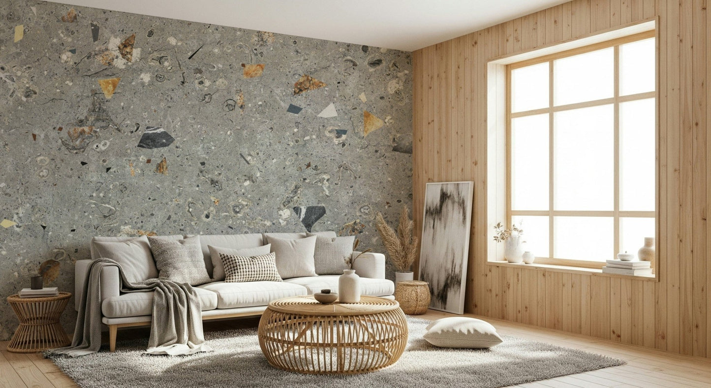Artistic Fossil Stone Grey wallpaper, abstract dots and dashes, historical elements.