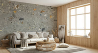 Artistic Fossil Stone Grey wallpaper, abstract dots and dashes, historical elements.