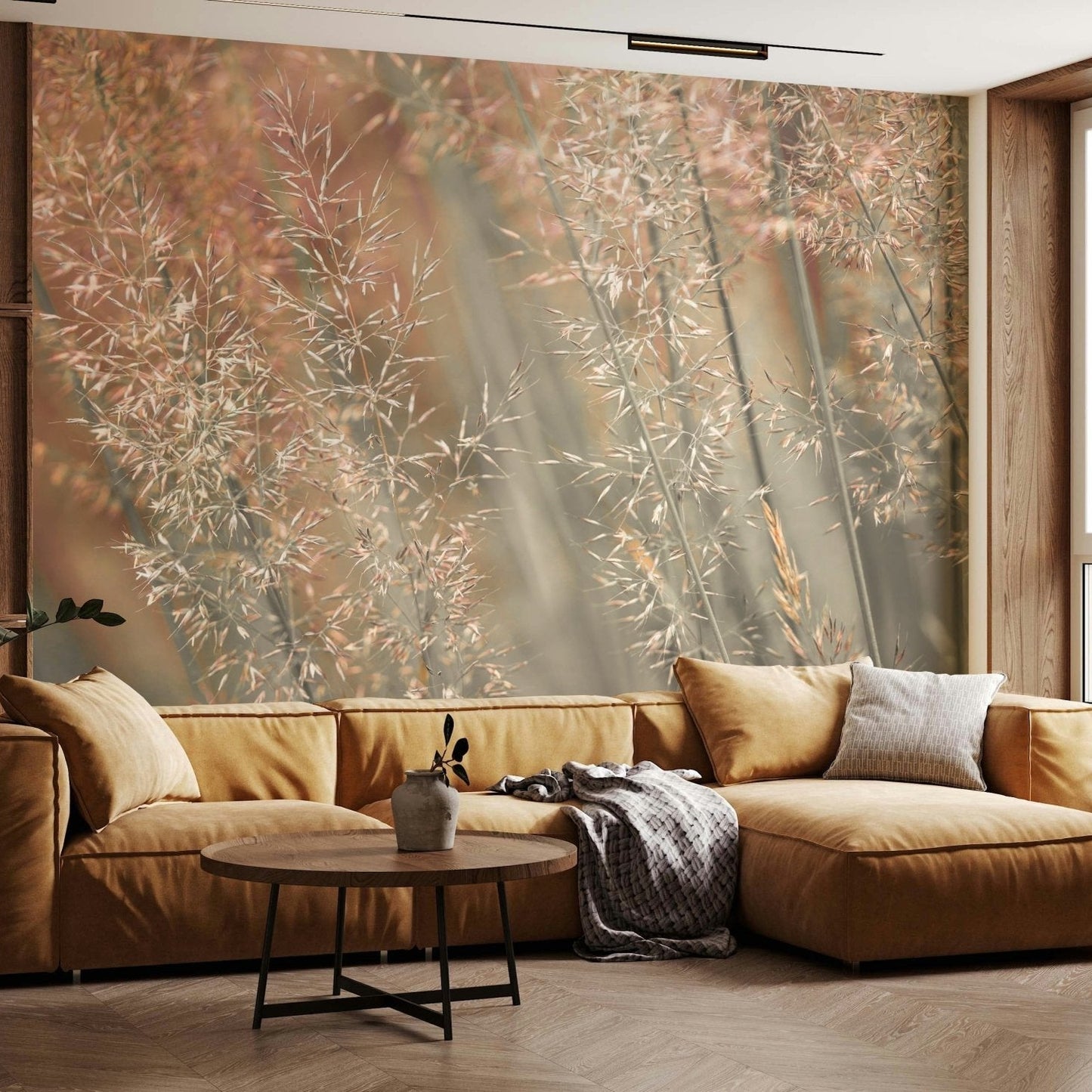 Rustic bohemian aesthetic displayed on Fountain Grass Wall Mural large scale., GD6718