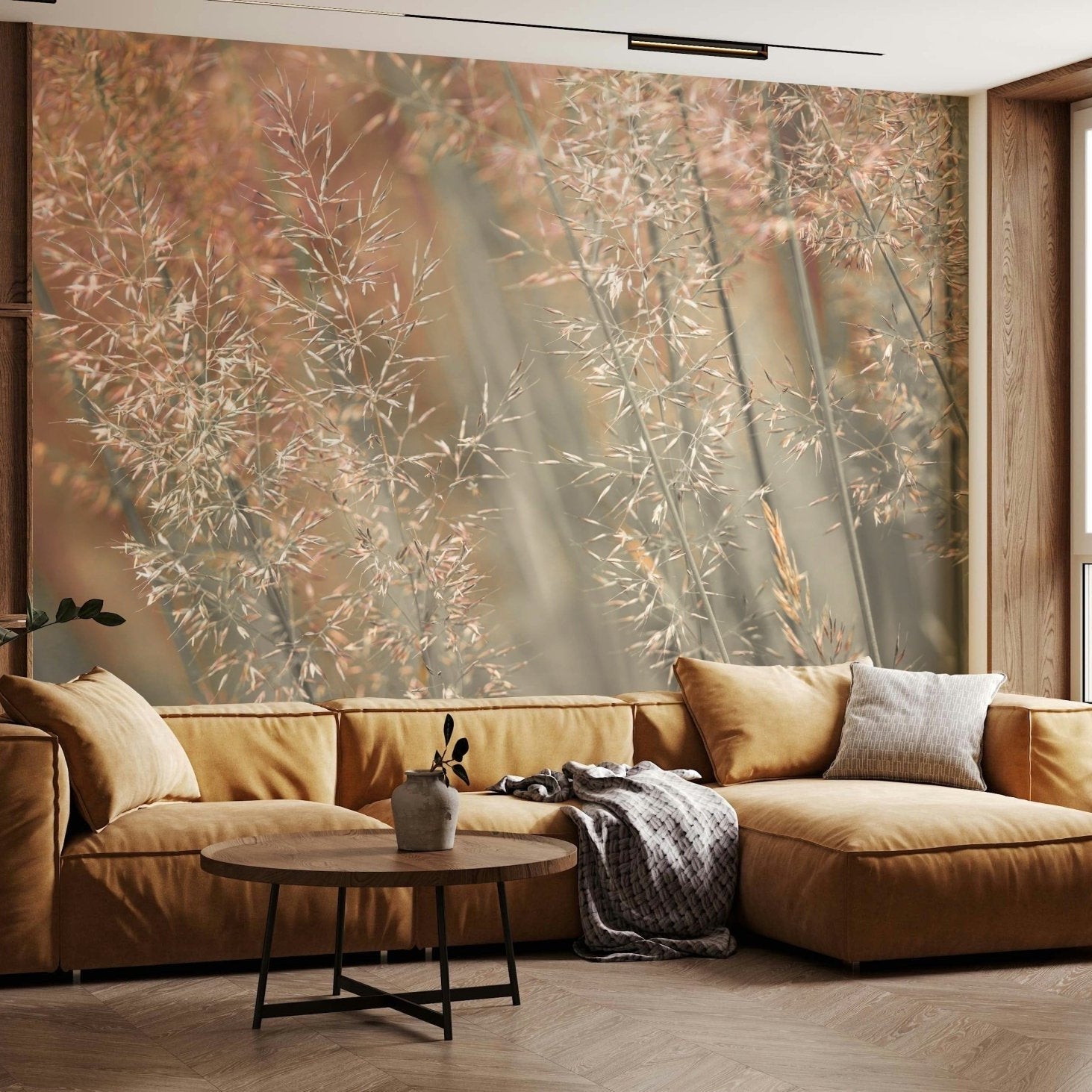 Rustic bohemian aesthetic displayed on Fountain Grass Wall Mural large scale., GD6718