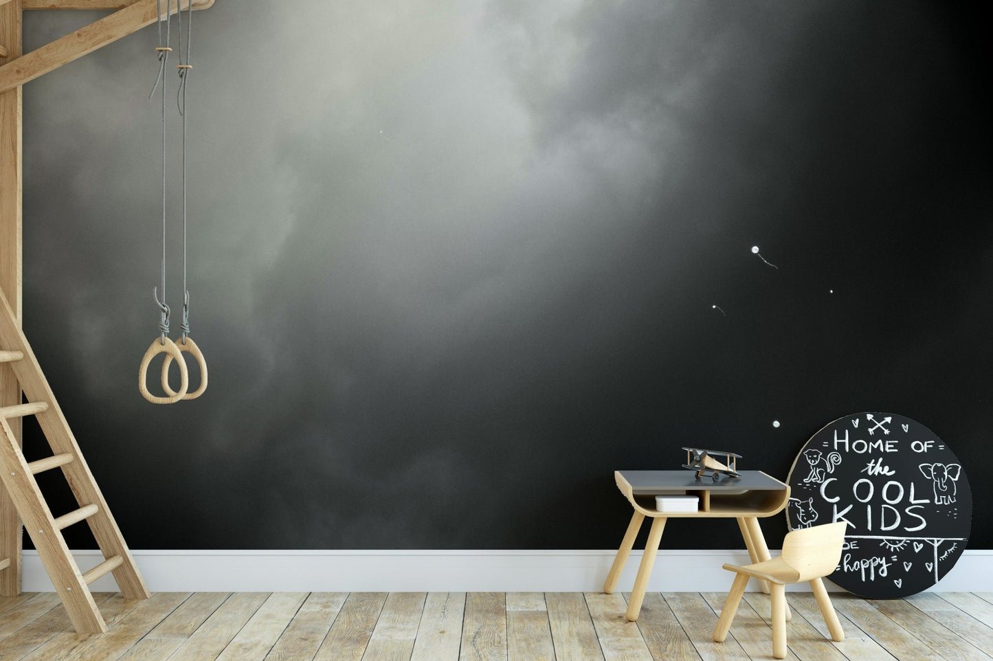 Tiny balloons scatter across a smoky expanse on the Four Balloons and Another One wall mural GD4888
