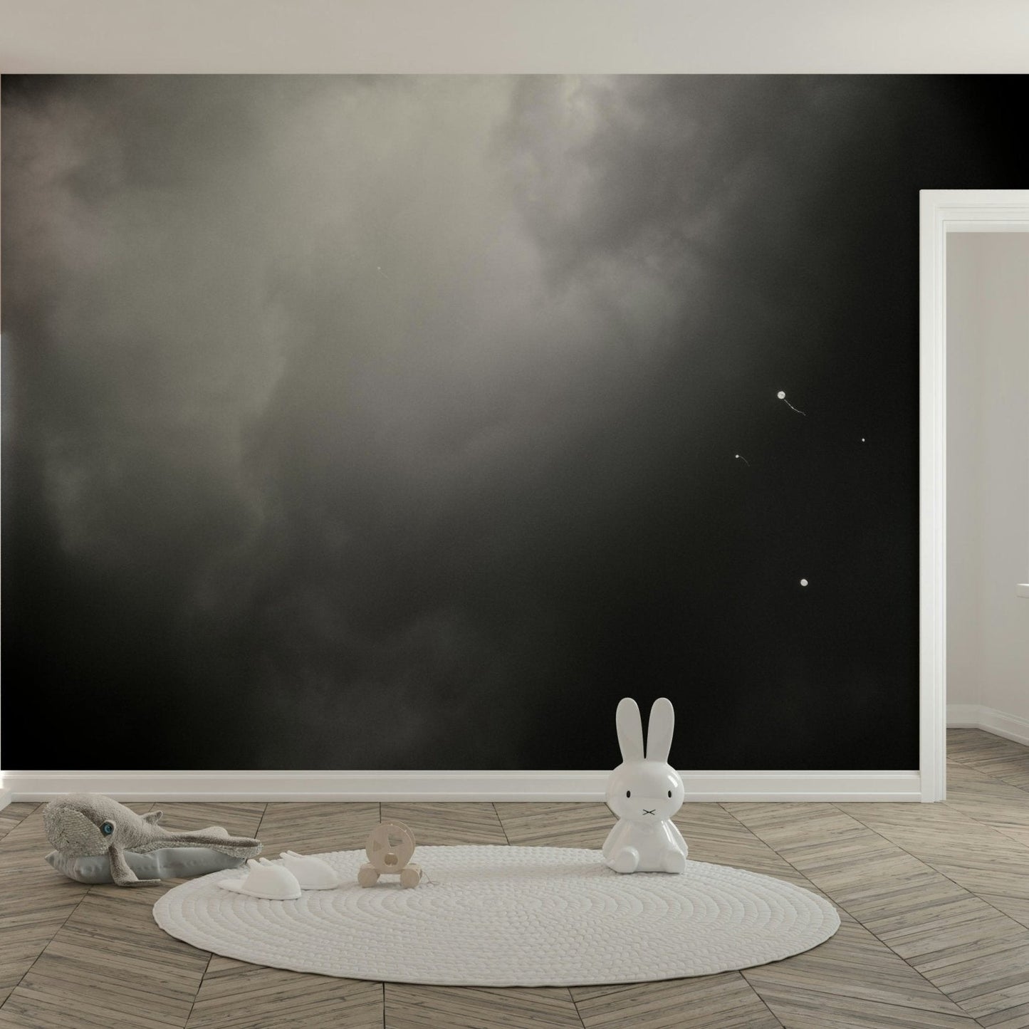 Distant balloons hover in dim haze in this Four Balloons and Another One wall mural GD4888
