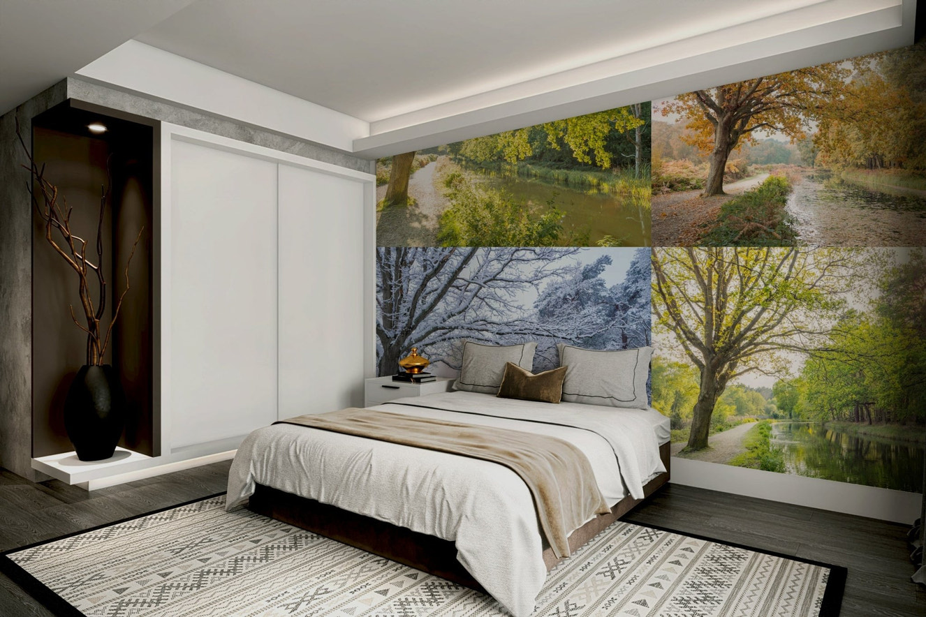 A wall mural of a peaceful four-seasons scene.

