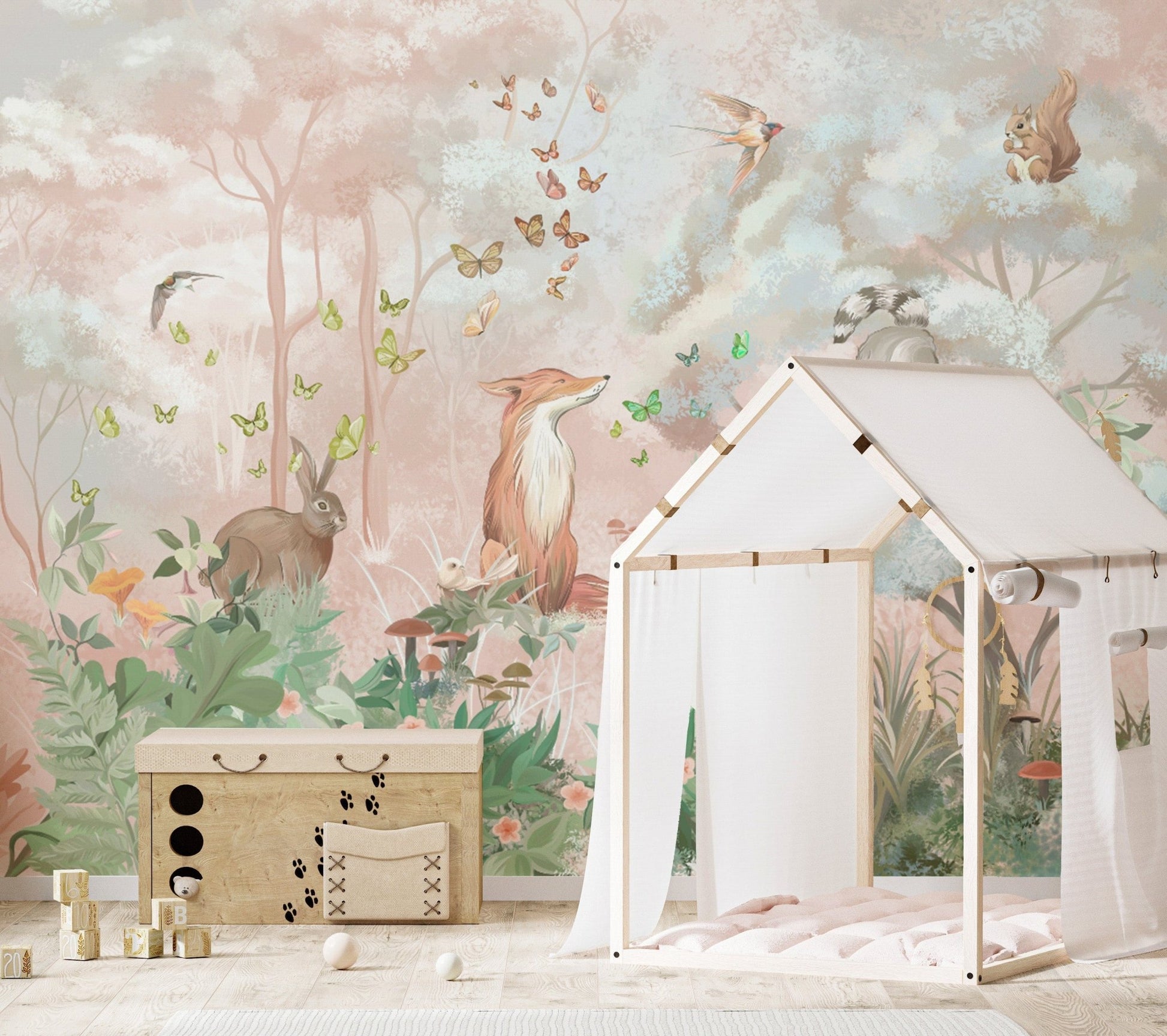 Rabbit and fox nature wall design
