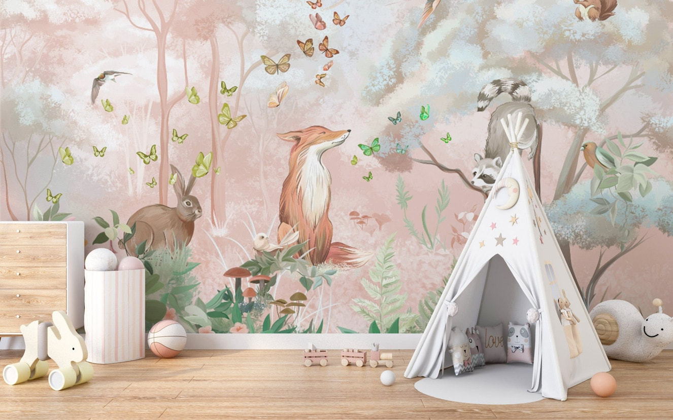 Fox and rabbit forest mural wallpaper
