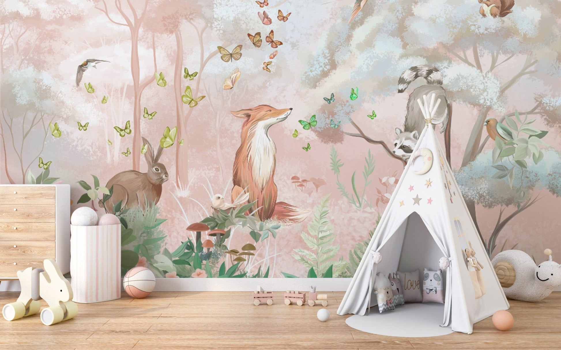 Fox and rabbit forest mural wallpaper
