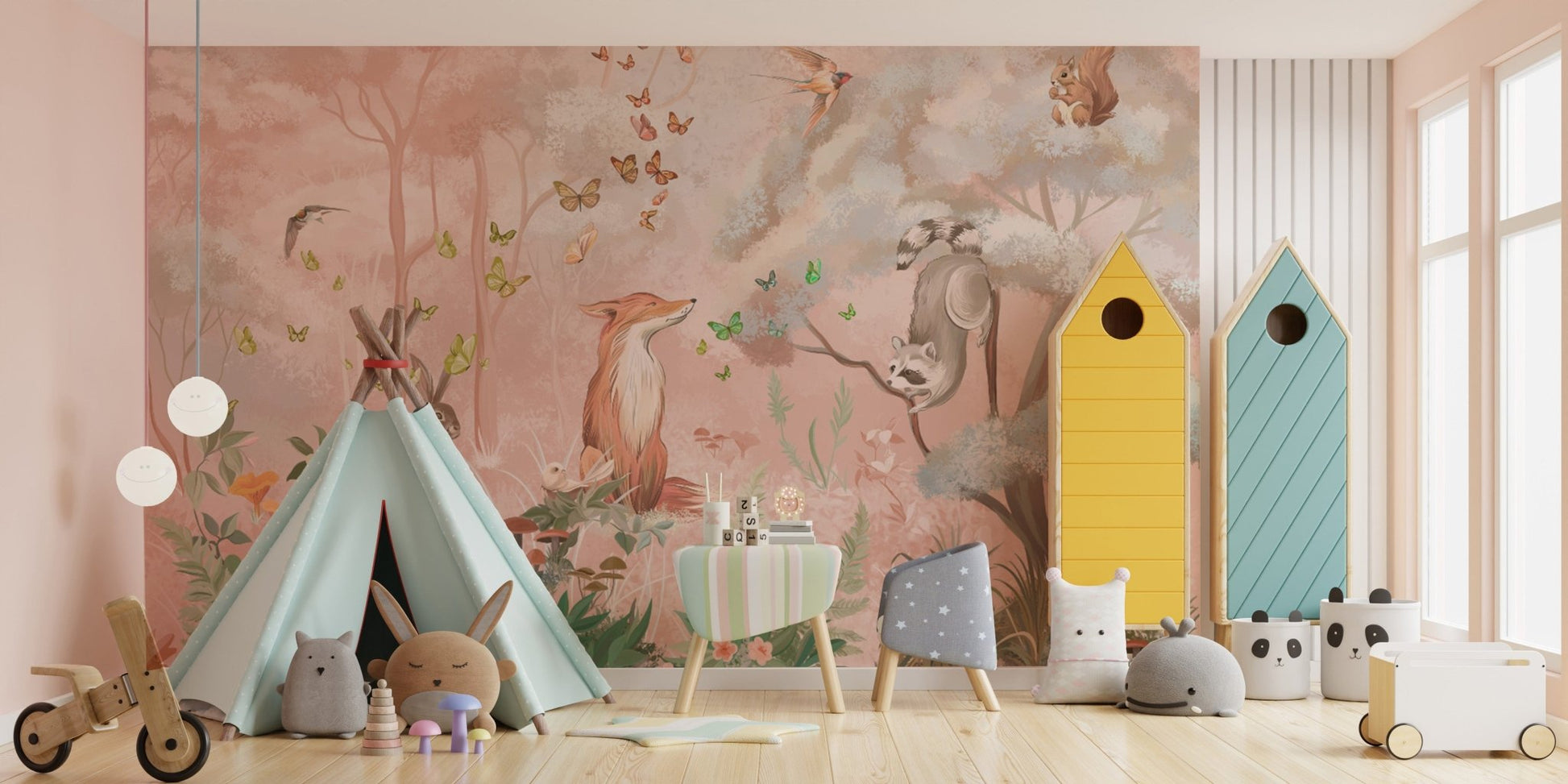 Pastel forest mural with wildlife
