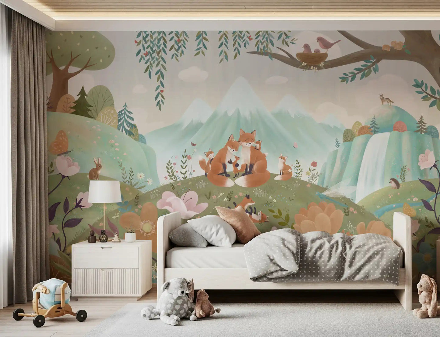 Bedroom styled in Fox Family Woodland Wall Mural with foxes