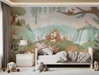 Bedroom styled in Fox Family Woodland Wall Mural with foxes