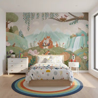 Fox Family Wall Mural with mountains, waterfall, and greenery