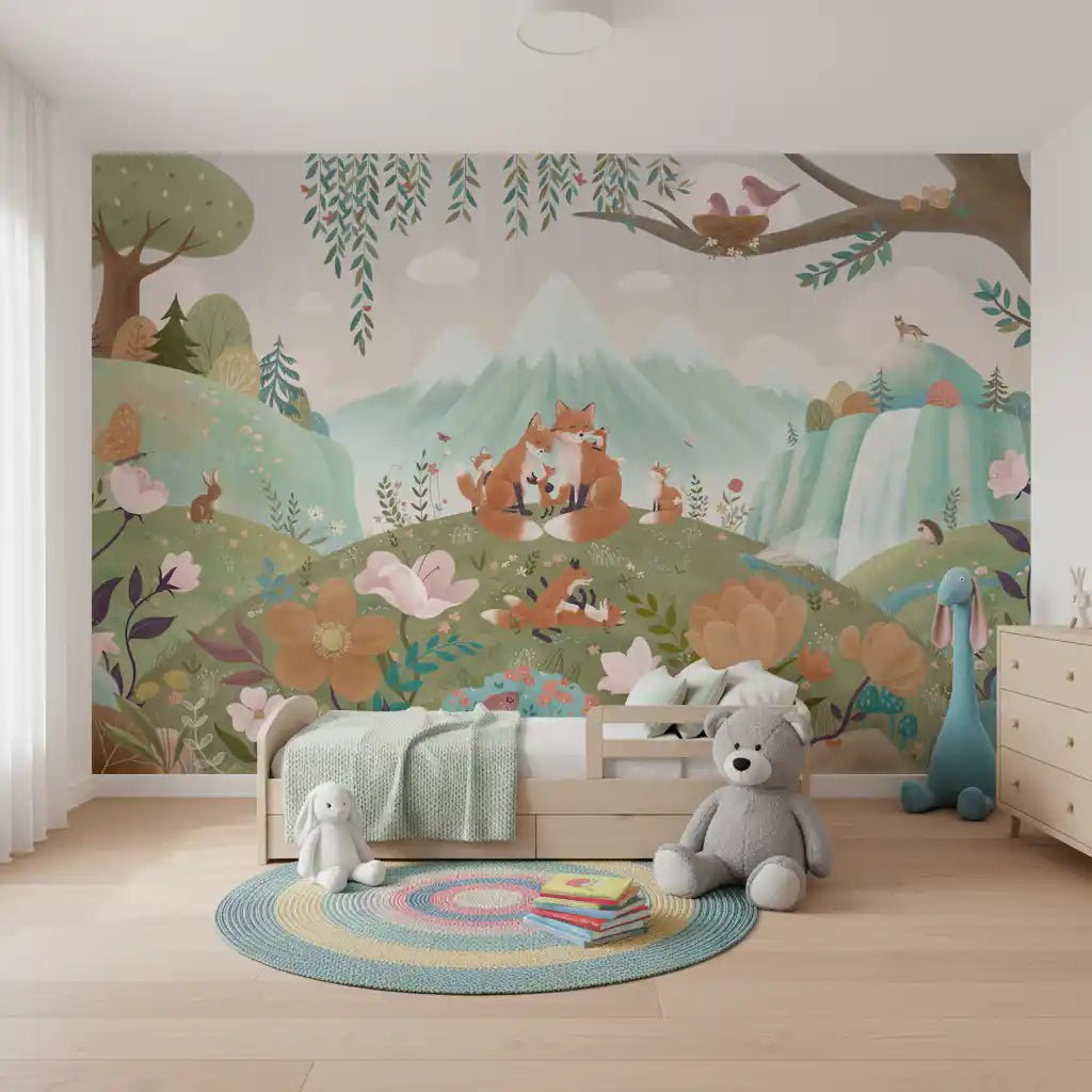 Forest animal Wall Mural in Fox Family pastel theme