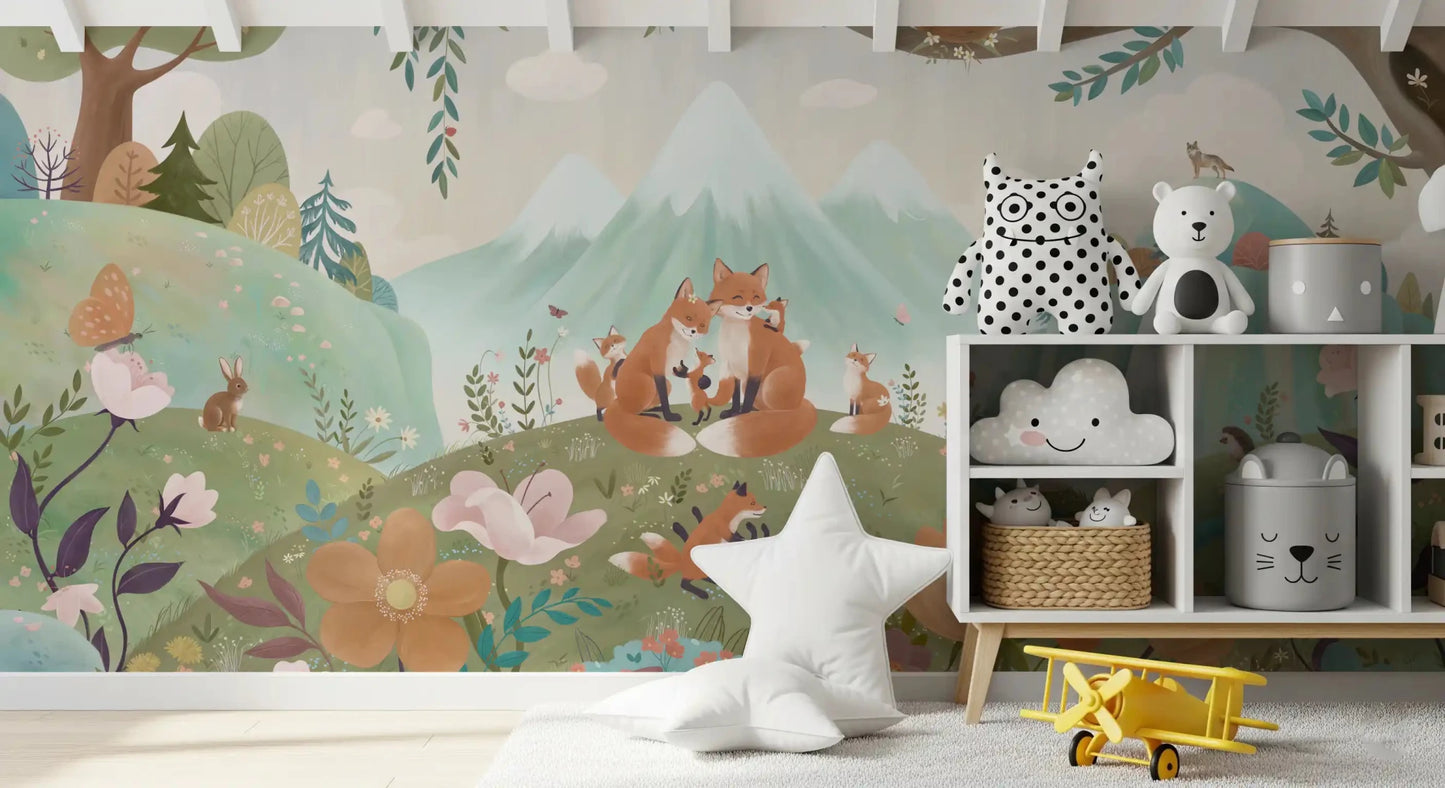 Kids room with Fox Family Wall Mural and forest animal scene