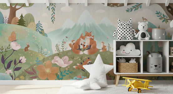 Kids room with Fox Family Wall Mural and forest animal scene, GD9178