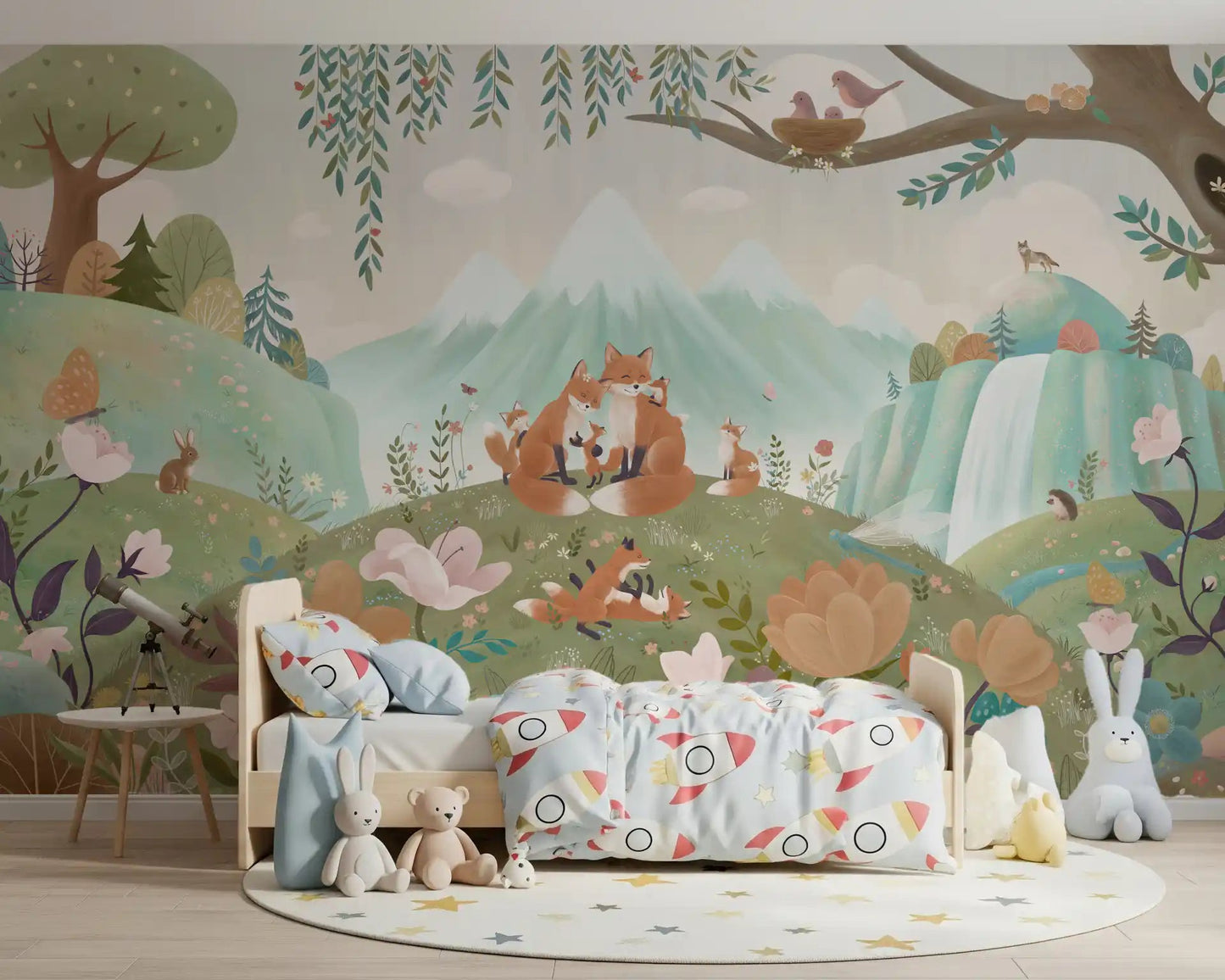 Kids room showing Fox Family Nature Wall Mural with mountains