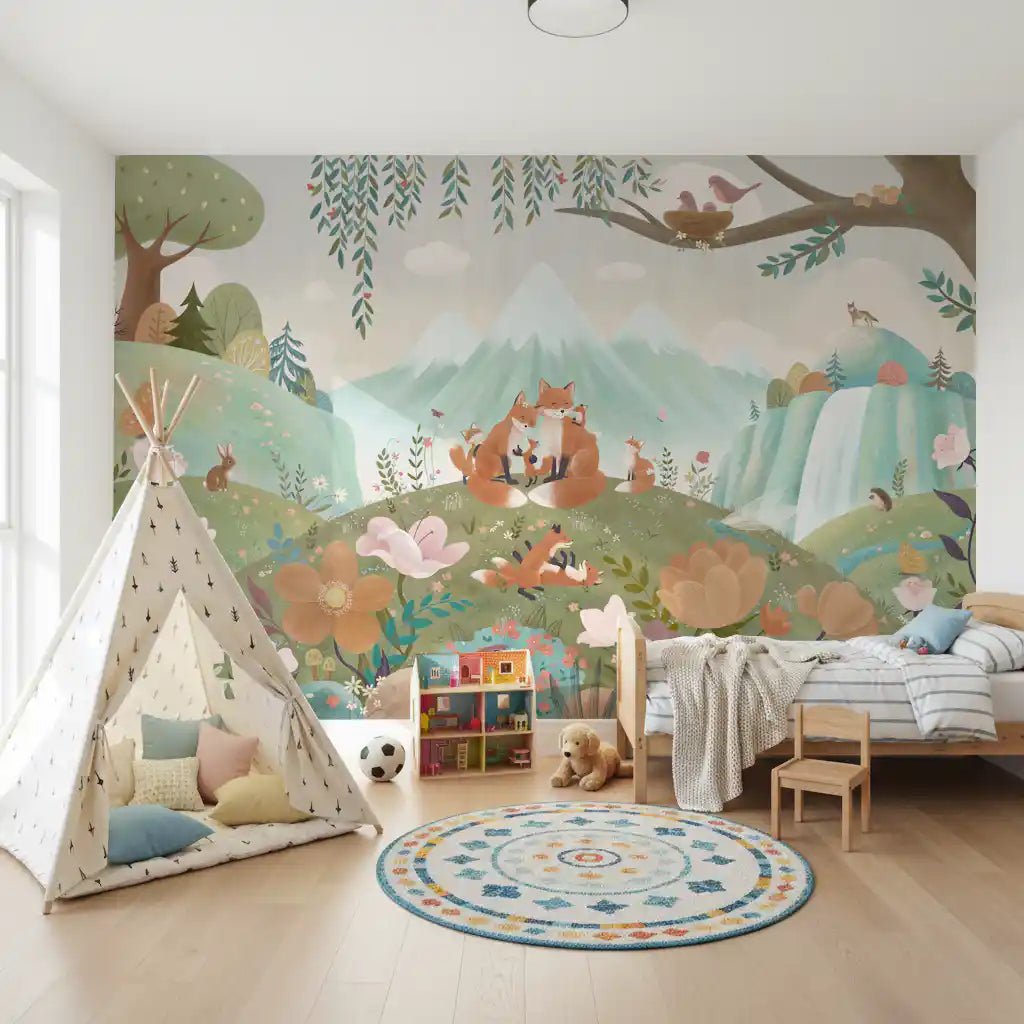 Woodland Fox Family Wall Mural with birds and tree branches