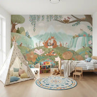 Woodland Fox Family Wall Mural with birds and tree branches