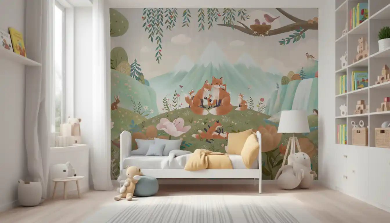 Fox Family Wall Mural with floral meadow and fox group
