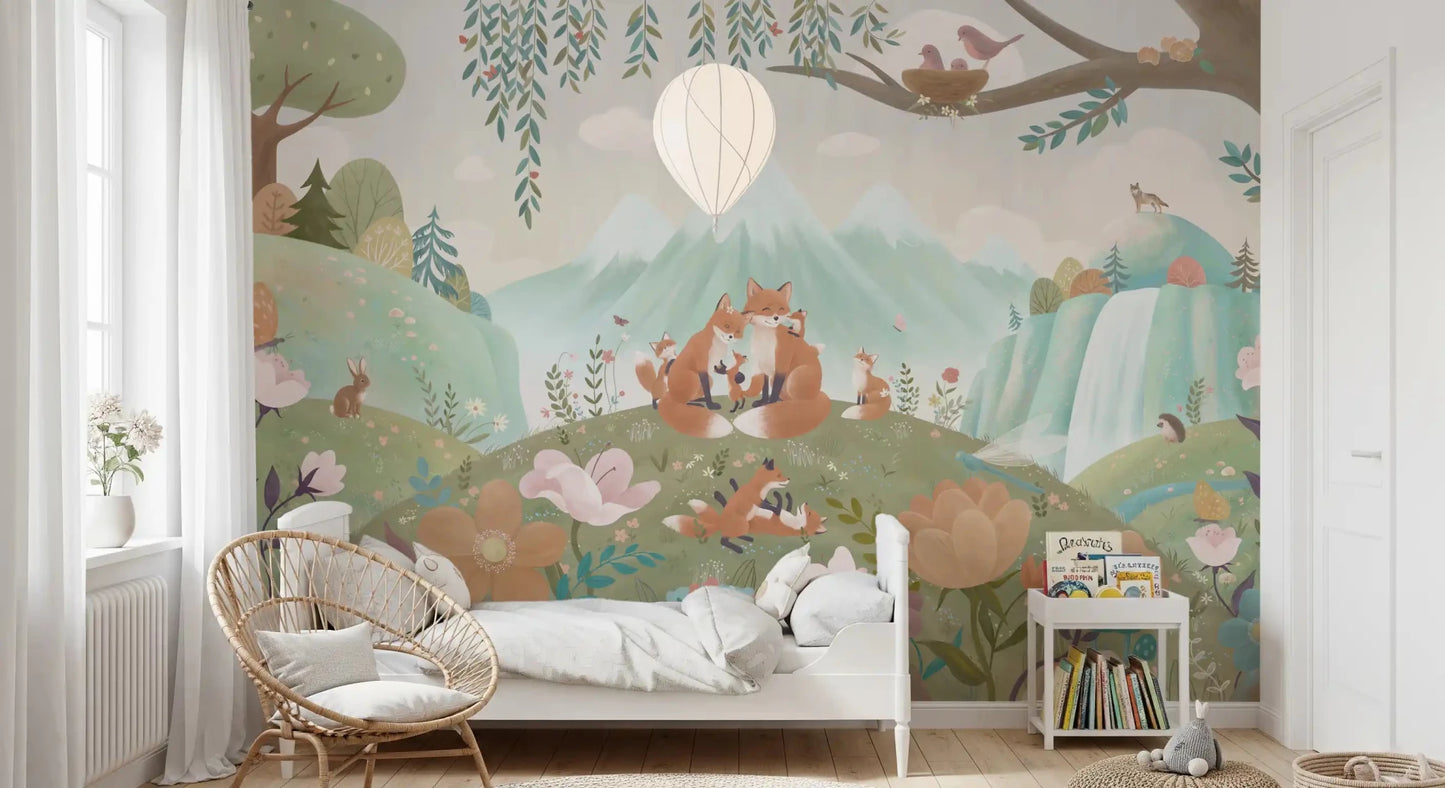 Fox Family Wall Mural with foxes, flowers, and soft hills