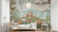 Fox Family Wall Mural with foxes, flowers, and soft hills