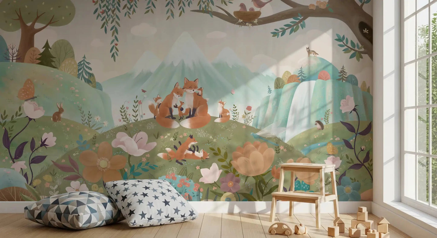 Nursery with Fox Family Wall Mural and pastel forest design