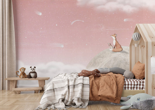 Fox on the Moon Pink Wallpaper Mural OR13