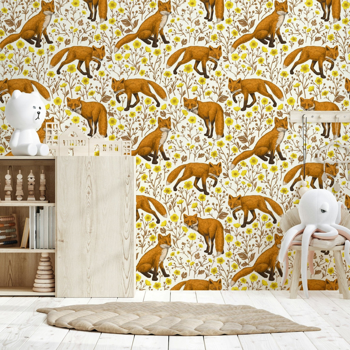 A beautiful woodland wallpaper mural featuring foxes and buttercups on a natural white background.