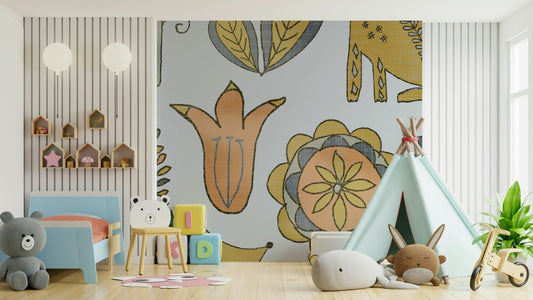 Meadow flowers and foxes wallpaper pattern


