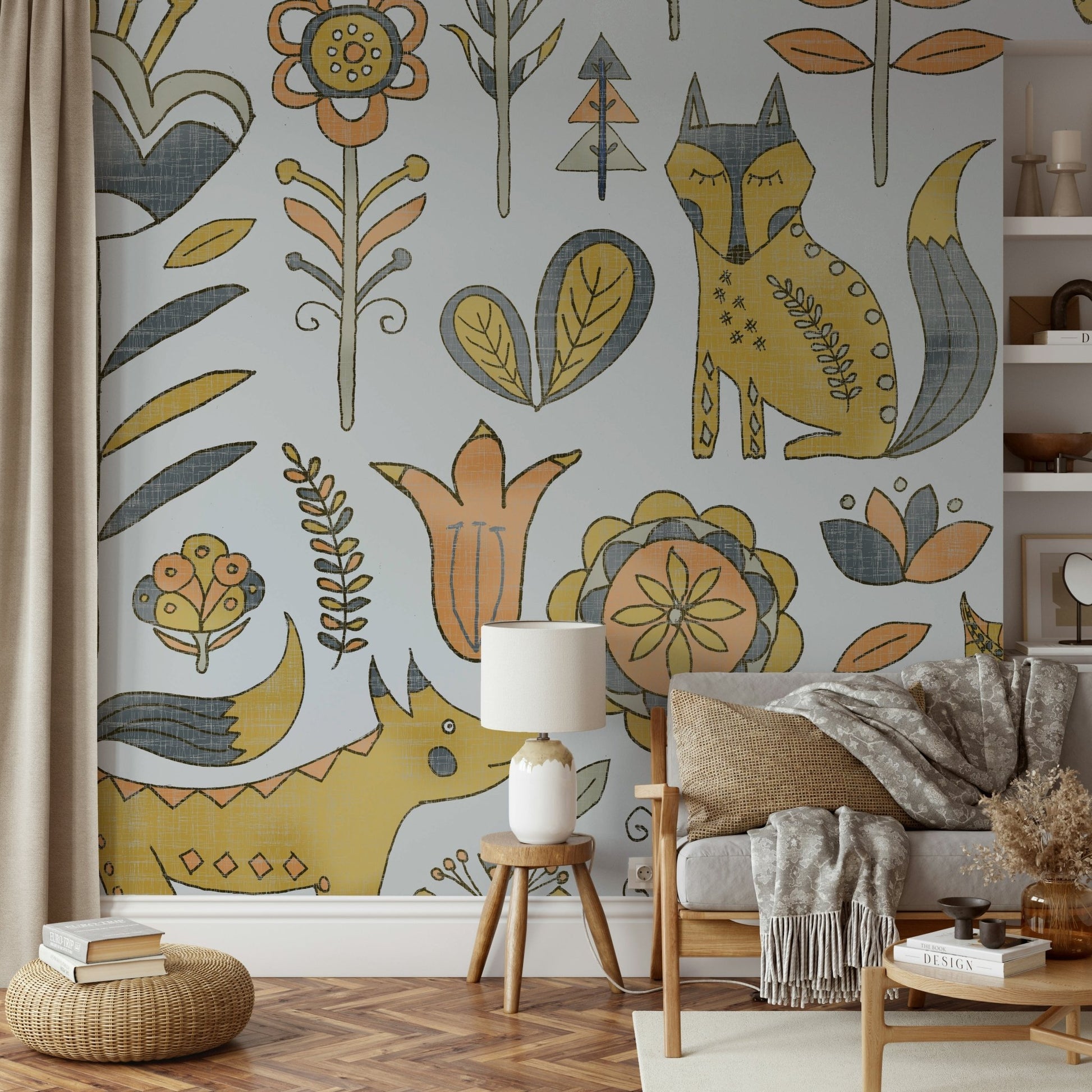 Playful fox wallpaper in golden and gray

