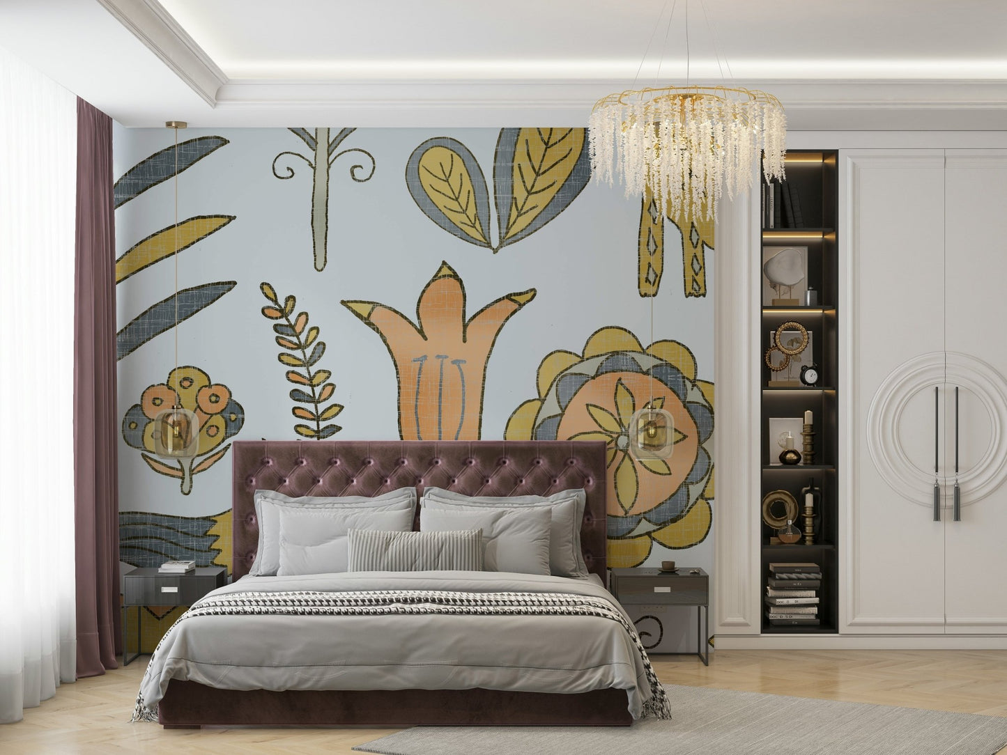 Hand-drawn fox and floral wallpaper close-up

