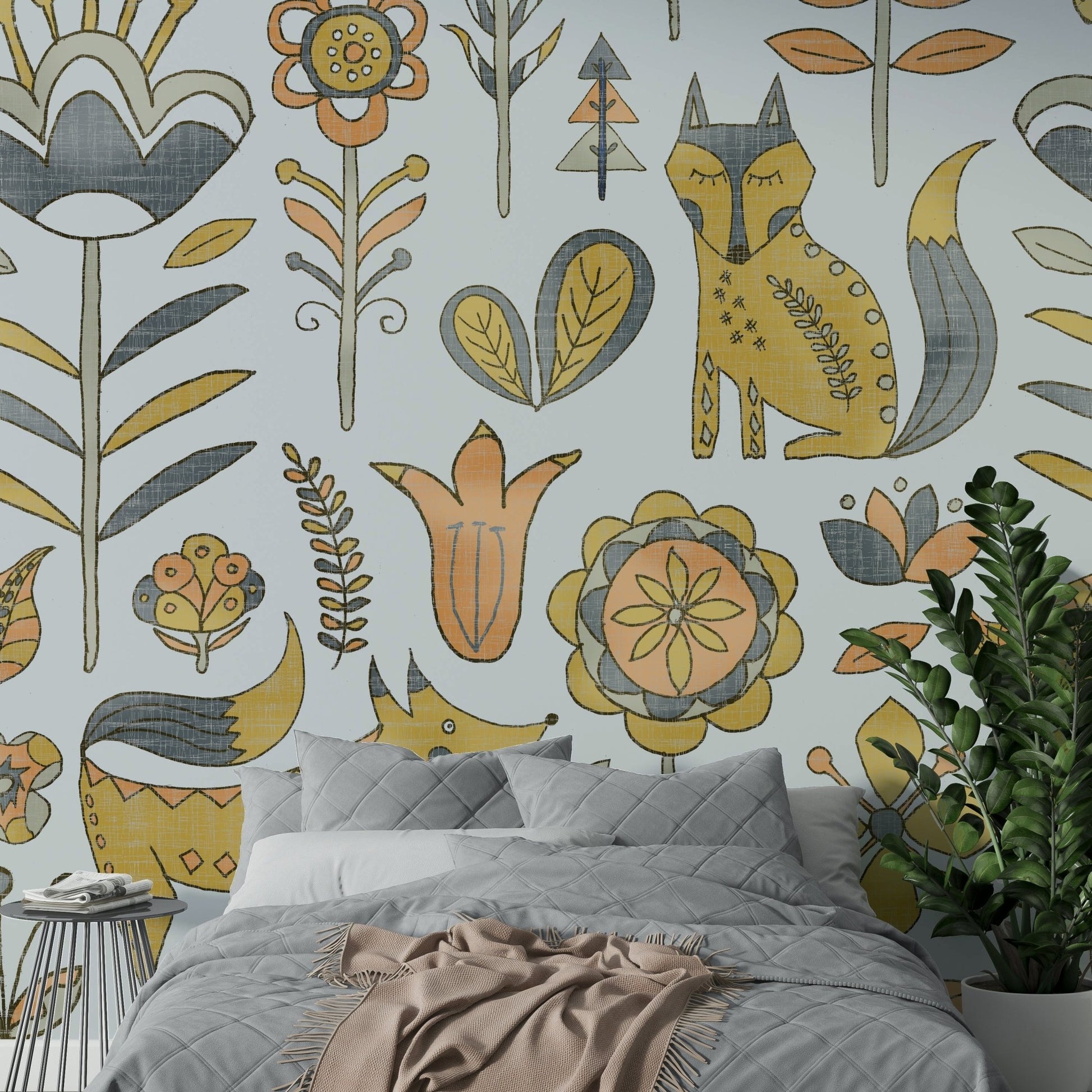 Kids room wallpaper with fox and flowers

