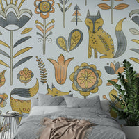 Kids room wallpaper with fox and flowers

