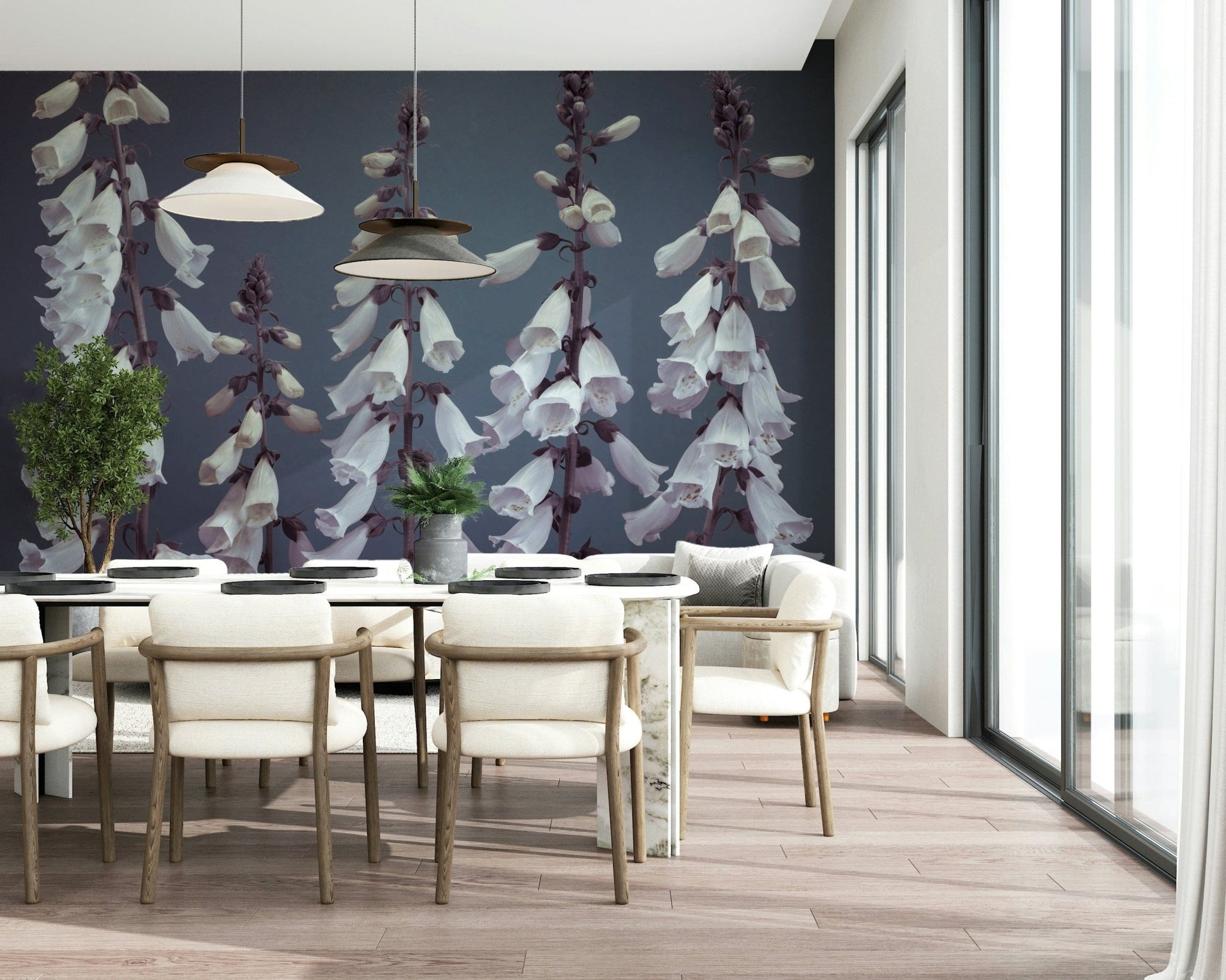 Foxglove Fantasy Wall Mural, an elegant, white floral wallpaper design.