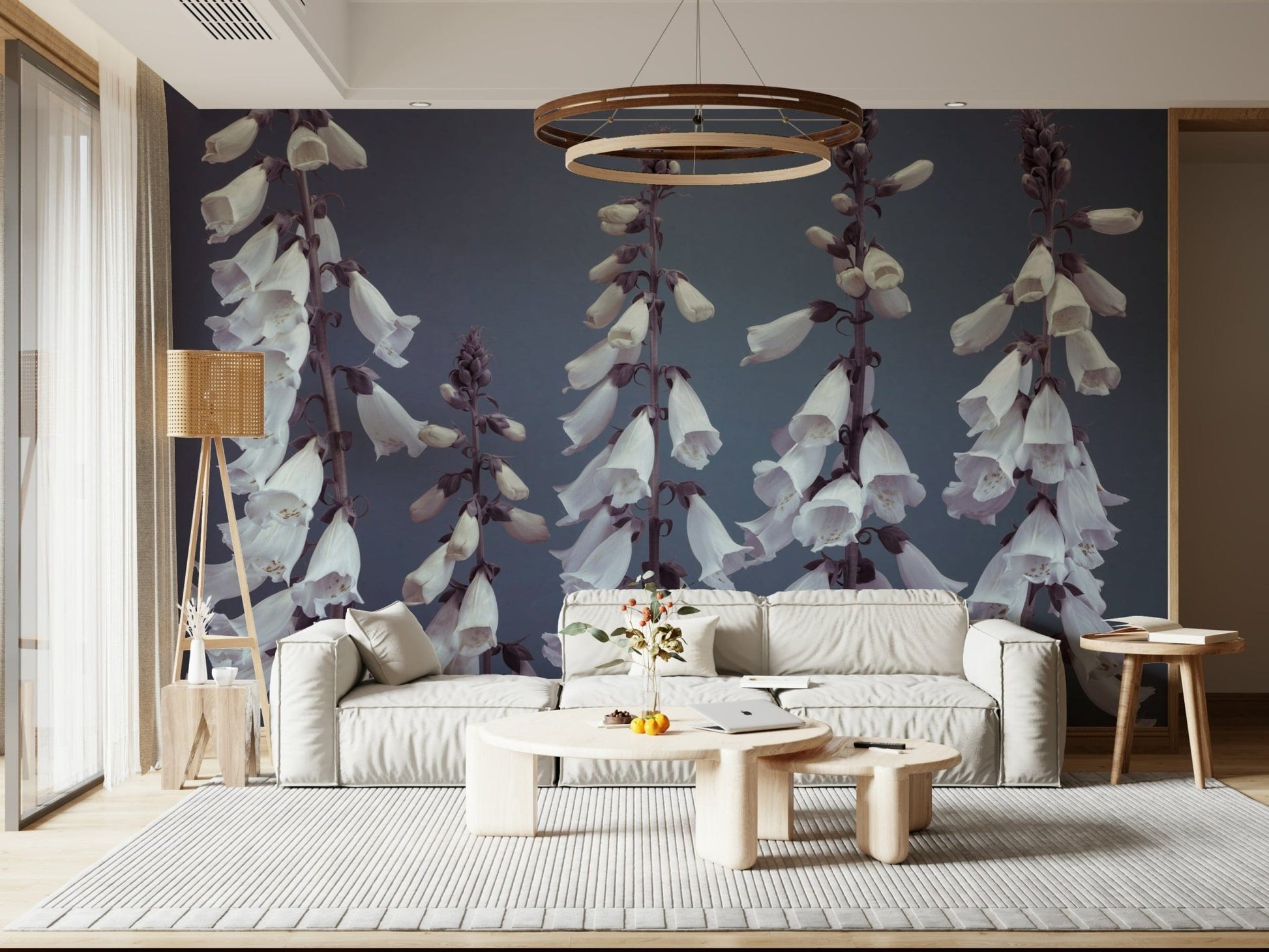 Stylized white foxglove Foxglove Fantasy Wall Mural, calming interior wall decor.