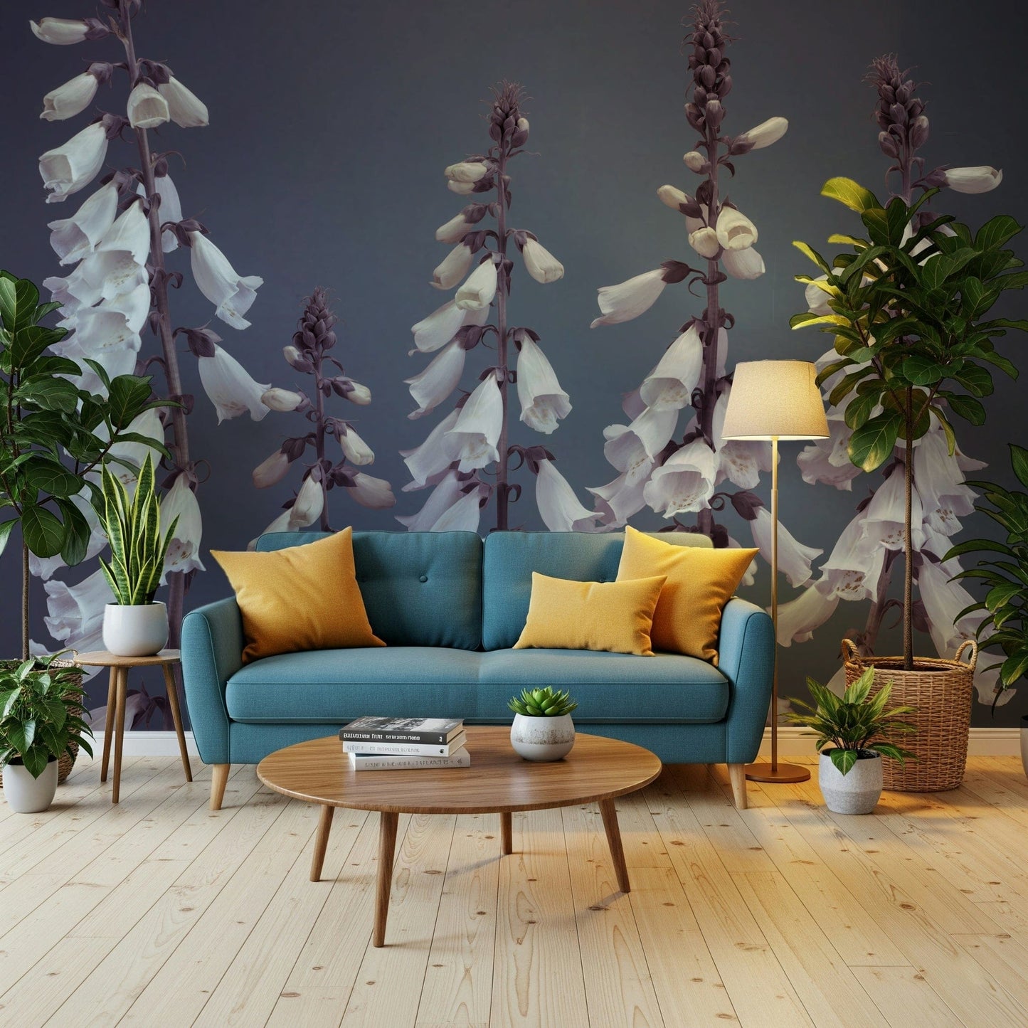 Muted gray backdrop Foxglove Fantasy Wall Mural, serene peel and stick wallpaper.