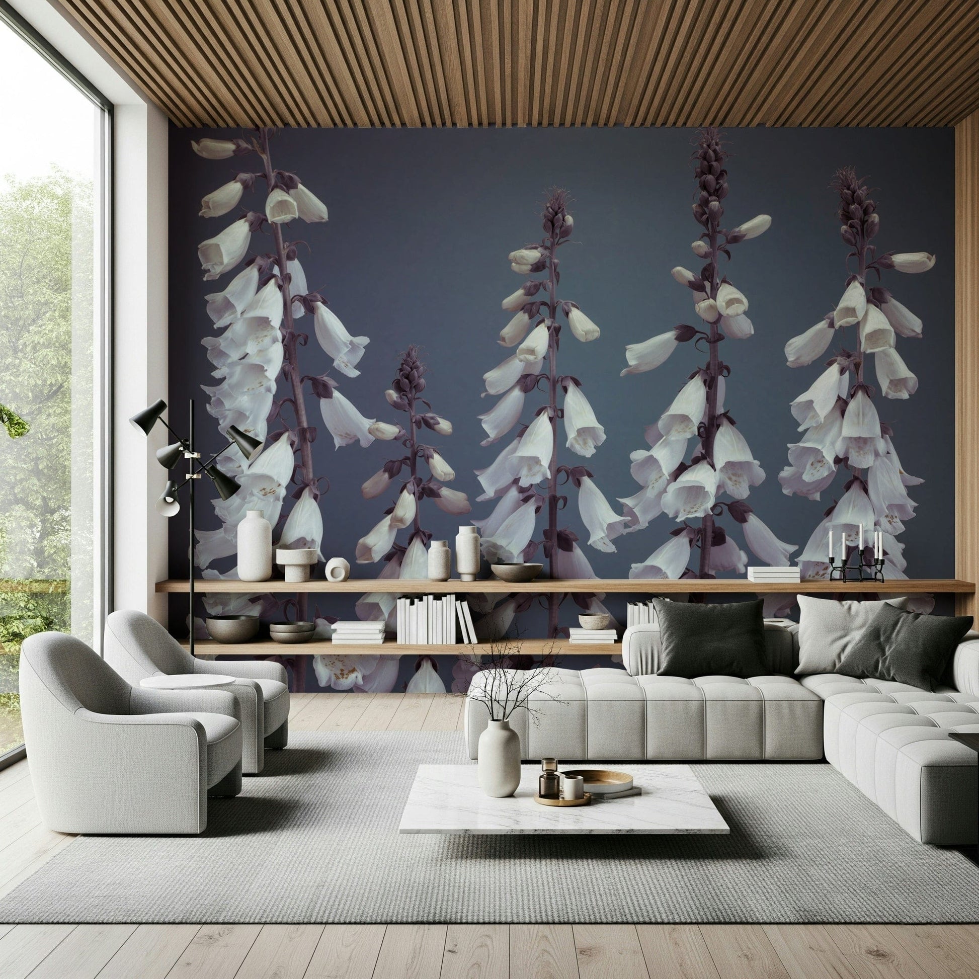 Modern botanical art Foxglove Fantasy Wall Mural, unique contemporary wall covering.